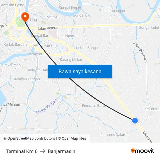 Terminal Km 6 to Banjarmasin map