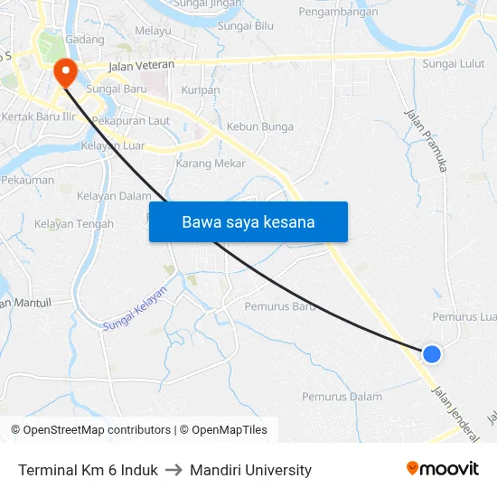 Terminal Km 6 Induk to Mandiri University map