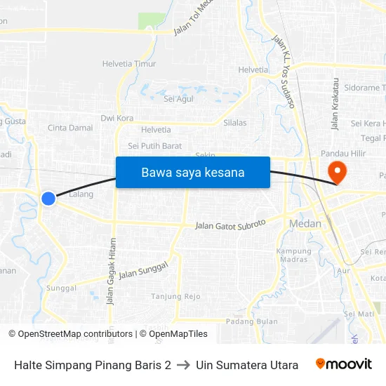 Halte Simpang Pinang Baris 2 to Uin Sumatera Utara map