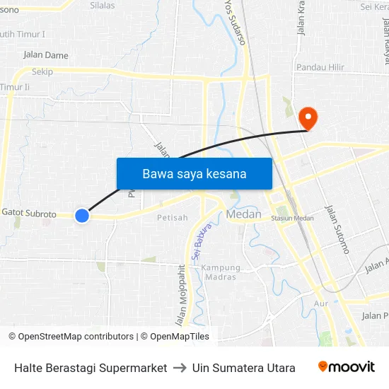 Halte Berastagi Supermarket to Uin Sumatera Utara map