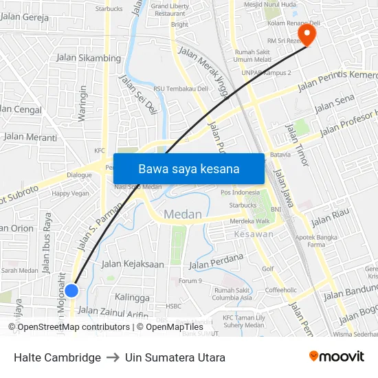 Halte Cambridge to Uin Sumatera Utara map