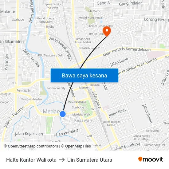 Halte Kantor Walikota to Uin Sumatera Utara map