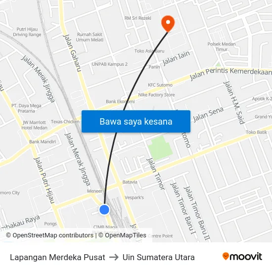 Lapangan Merdeka Pusat to Uin Sumatera Utara map