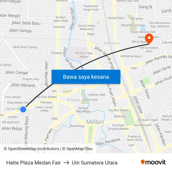 Halte Plaza Medan Fair to Uin Sumatera Utara map