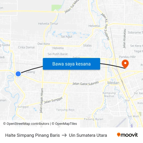 Halte Simpang Pinang Baris to Uin Sumatera Utara map