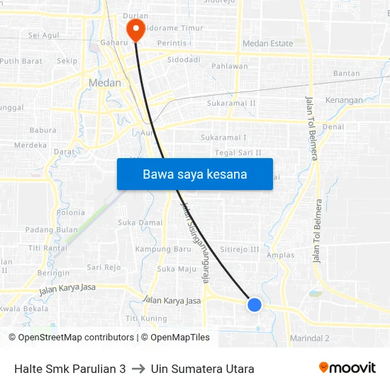 Halte Smk Parulian 3 to Uin Sumatera Utara map