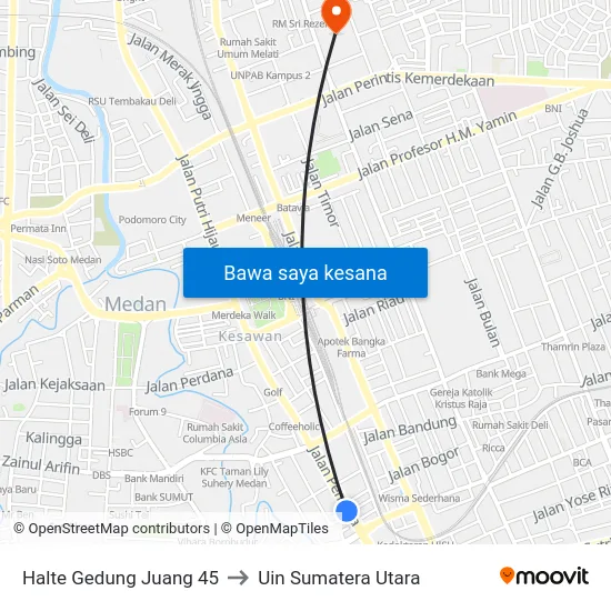 Halte Gedung Juang 45 to Uin Sumatera Utara map