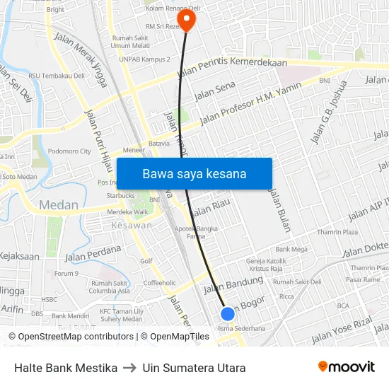 Halte Bank Mestika to Uin Sumatera Utara map