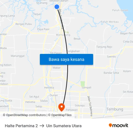 Halte Pertamina 2 to Uin Sumatera Utara map