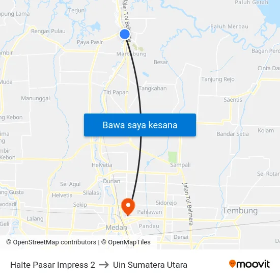 Halte Pasar Impress 2 to Uin Sumatera Utara map