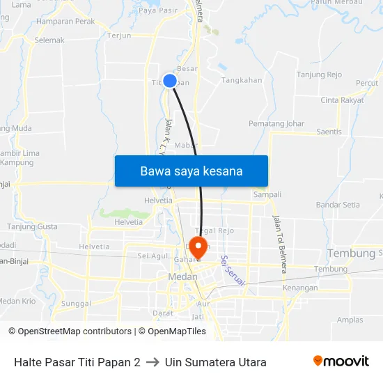 Halte Pasar Titi Papan 2 to Uin Sumatera Utara map