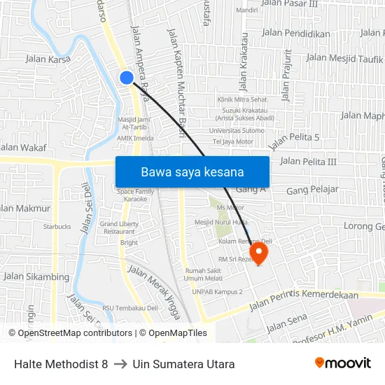 Halte Methodist 8 to Uin Sumatera Utara map