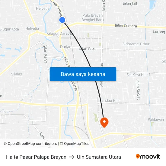 Halte Pasar Palapa Brayan to Uin Sumatera Utara map