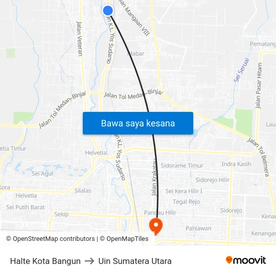 Halte Kota Bangun to Uin Sumatera Utara map