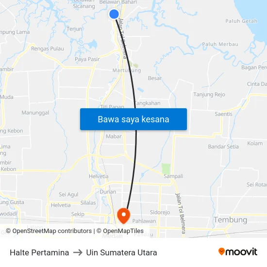 Halte Pertamina to Uin Sumatera Utara map