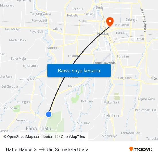 Halte Hairos 2 to Uin Sumatera Utara map