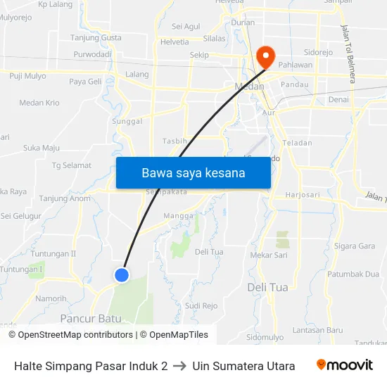 Halte Simpang Pasar Induk 2 to Uin Sumatera Utara map