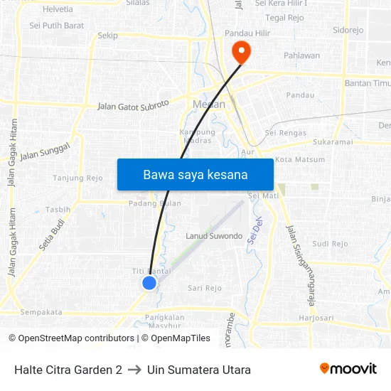 Halte Citra Garden 2 to Uin Sumatera Utara map