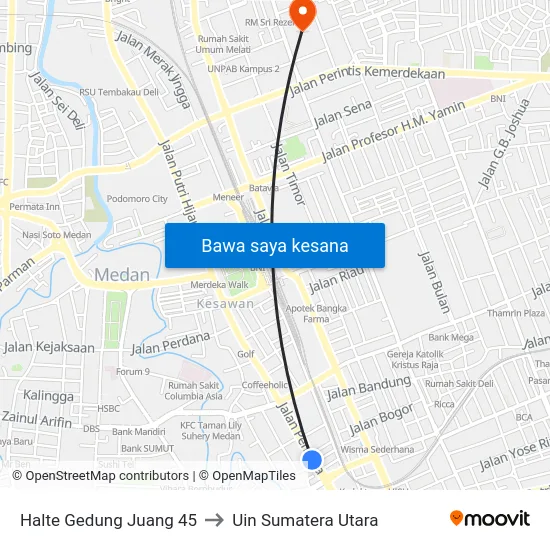 Halte Gedung Juang 45 to Uin Sumatera Utara map