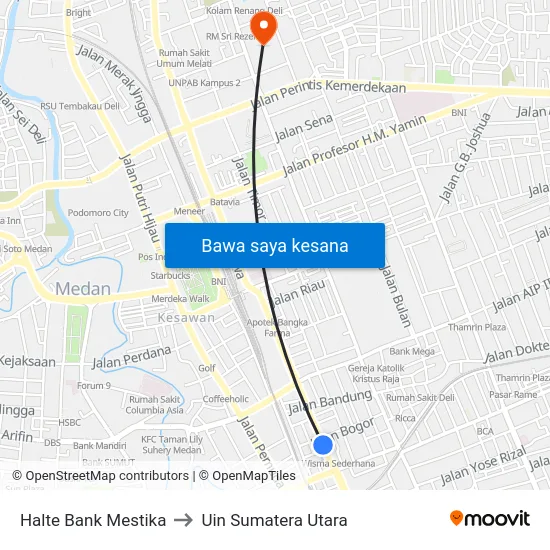 Halte Bank Mestika to Uin Sumatera Utara map