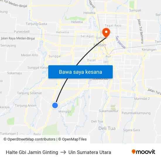 Halte Gbi Jamin Ginting to Uin Sumatera Utara map