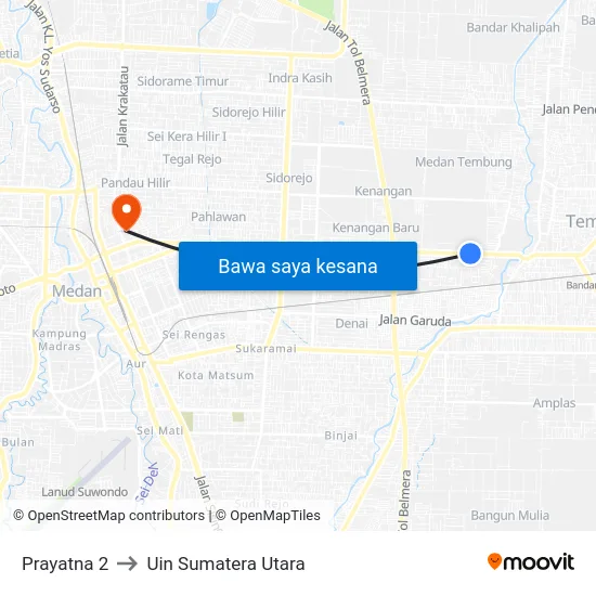 Prayatna 2 to Uin Sumatera Utara map