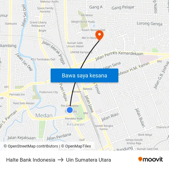Halte Bank Indonesia to Uin Sumatera Utara map
