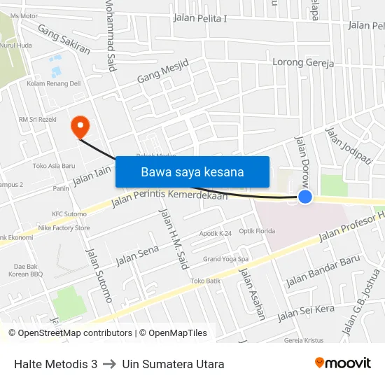 Halte Metodis 3 to Uin Sumatera Utara map
