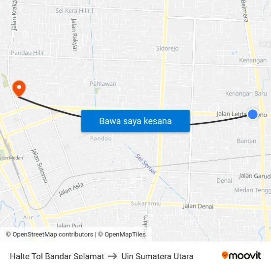 Halte Tol Bandar Selamat to Uin Sumatera Utara map