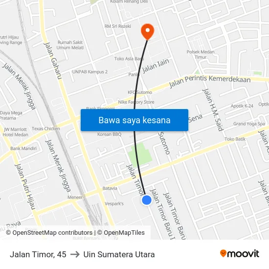 Jalan Timor, 45 to Uin Sumatera Utara map