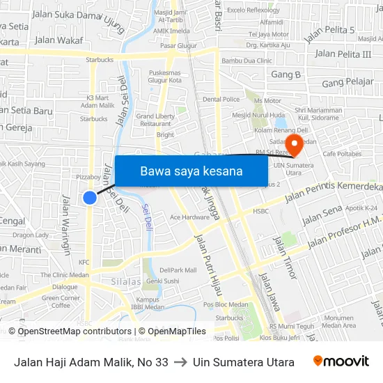 Jalan Haji Adam Malik, No 33 to Uin Sumatera Utara map