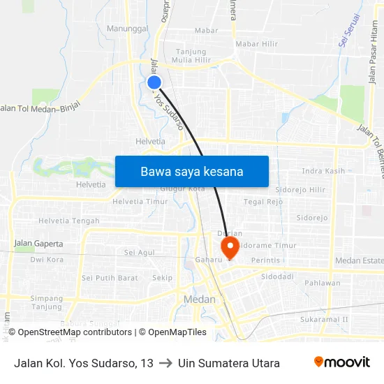 Jalan Kol. Yos Sudarso, 13 to Uin Sumatera Utara map
