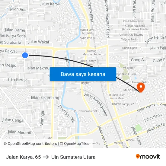 Jalan Karya, 65 to Uin Sumatera Utara map