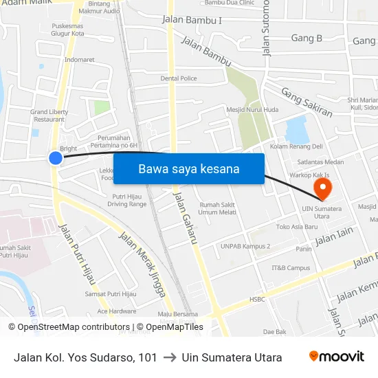 Jalan Kol. Yos Sudarso, 101 to Uin Sumatera Utara map
