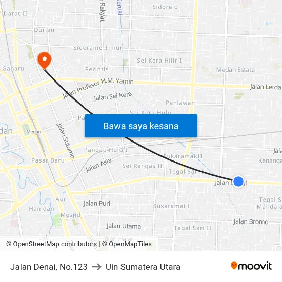 Jalan Denai, No.123 to Uin Sumatera Utara map