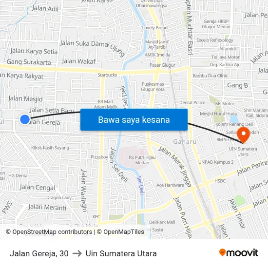 Jalan Gereja, 30 to Uin Sumatera Utara map