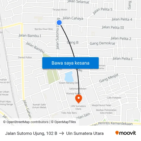 Jalan Sutomo Ujung, 102 B to Uin Sumatera Utara map