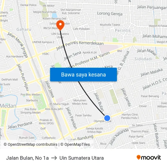 Jalan Bulan, No 1a to Uin Sumatera Utara map