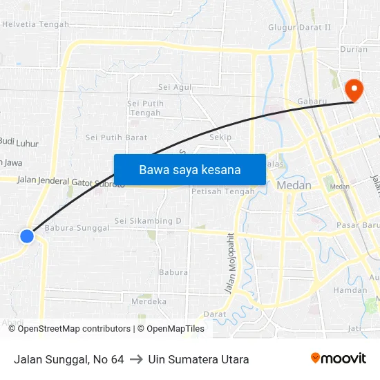 Jalan Sunggal, No 64 to Uin Sumatera Utara map