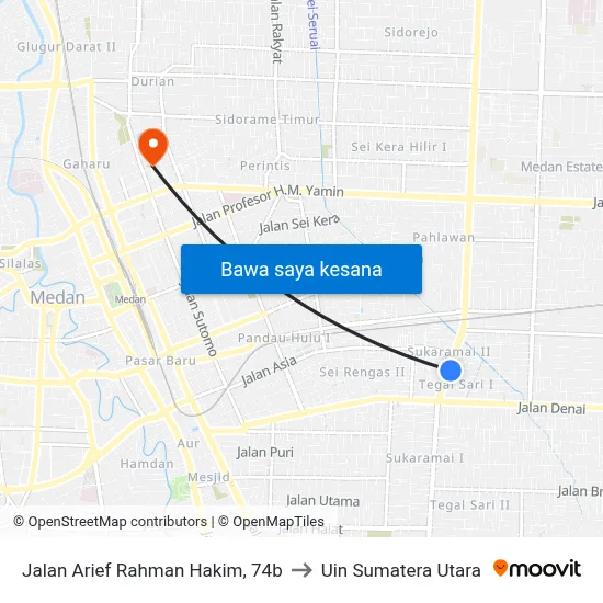 Jalan Arief Rahman Hakim, 74b to Uin Sumatera Utara map
