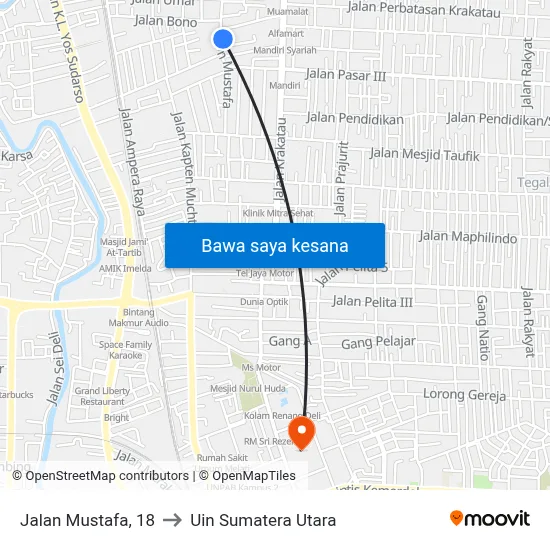 Jalan Mustafa, 18 to Uin Sumatera Utara map