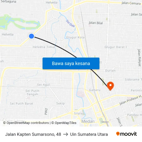 Jalan Kapten Sumarsono, 48 to Uin Sumatera Utara map
