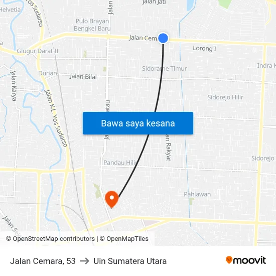 Jalan Cemara, 53 to Uin Sumatera Utara map