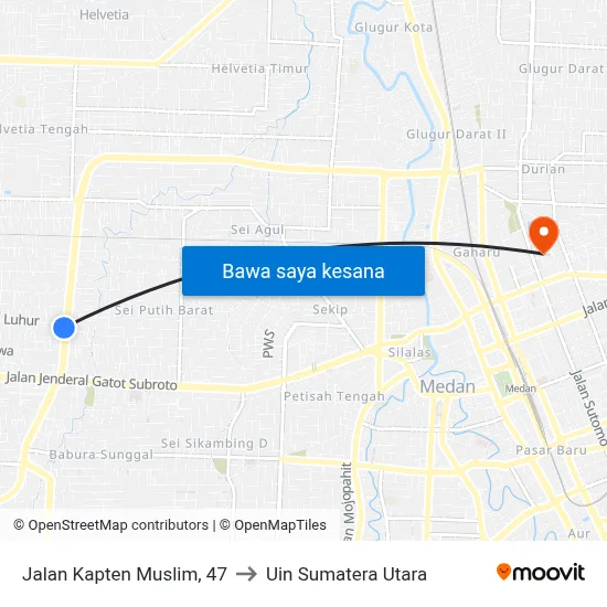 Jalan Kapten Muslim, 47 to Uin Sumatera Utara map