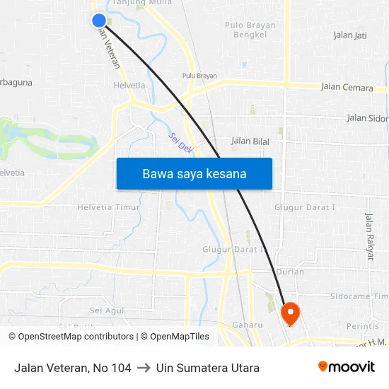 Jalan Veteran, No 104 to Uin Sumatera Utara map