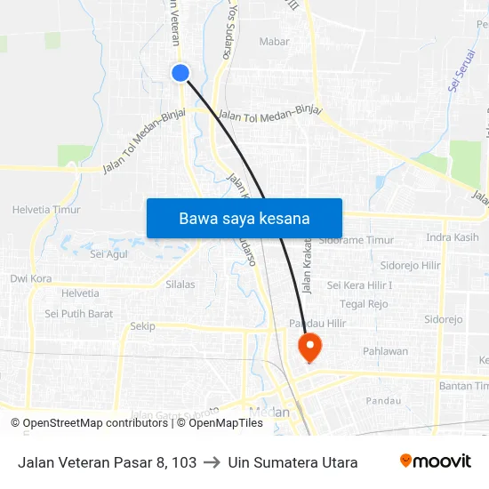 Jalan Veteran Pasar 8, 103 to Uin Sumatera Utara map
