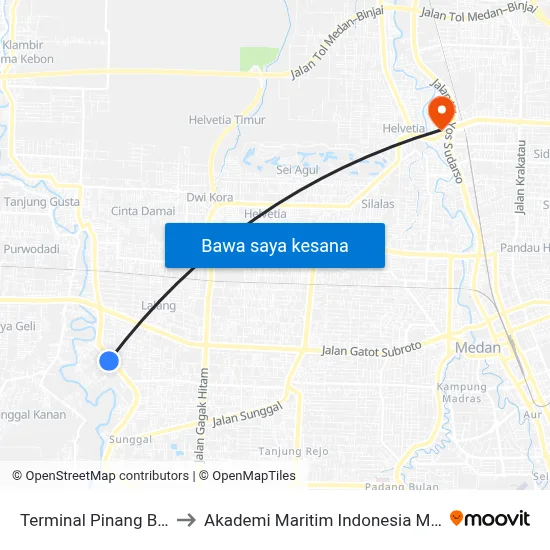 Terminal Pinang Baris to Akademi Maritim Indonesia Medan map