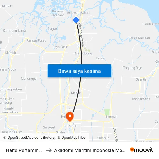 Halte Pertamina 2 to Akademi Maritim Indonesia Medan map