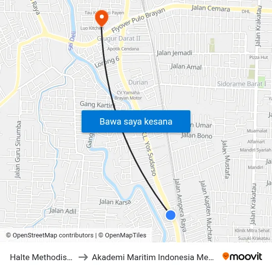 Halte Methodist 8 to Akademi Maritim Indonesia Medan map