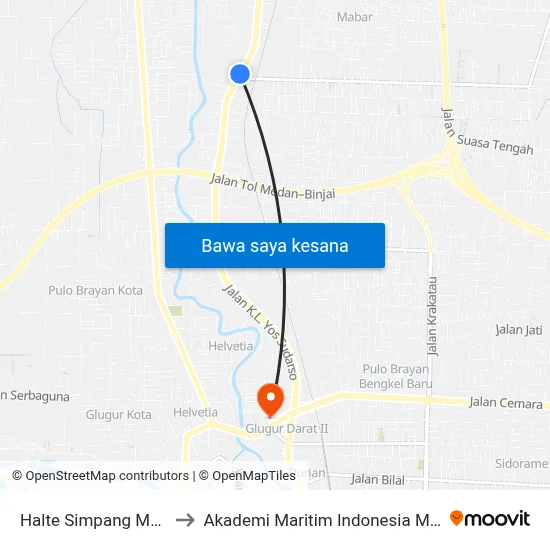 Halte Simpang Mabar to Akademi Maritim Indonesia Medan map